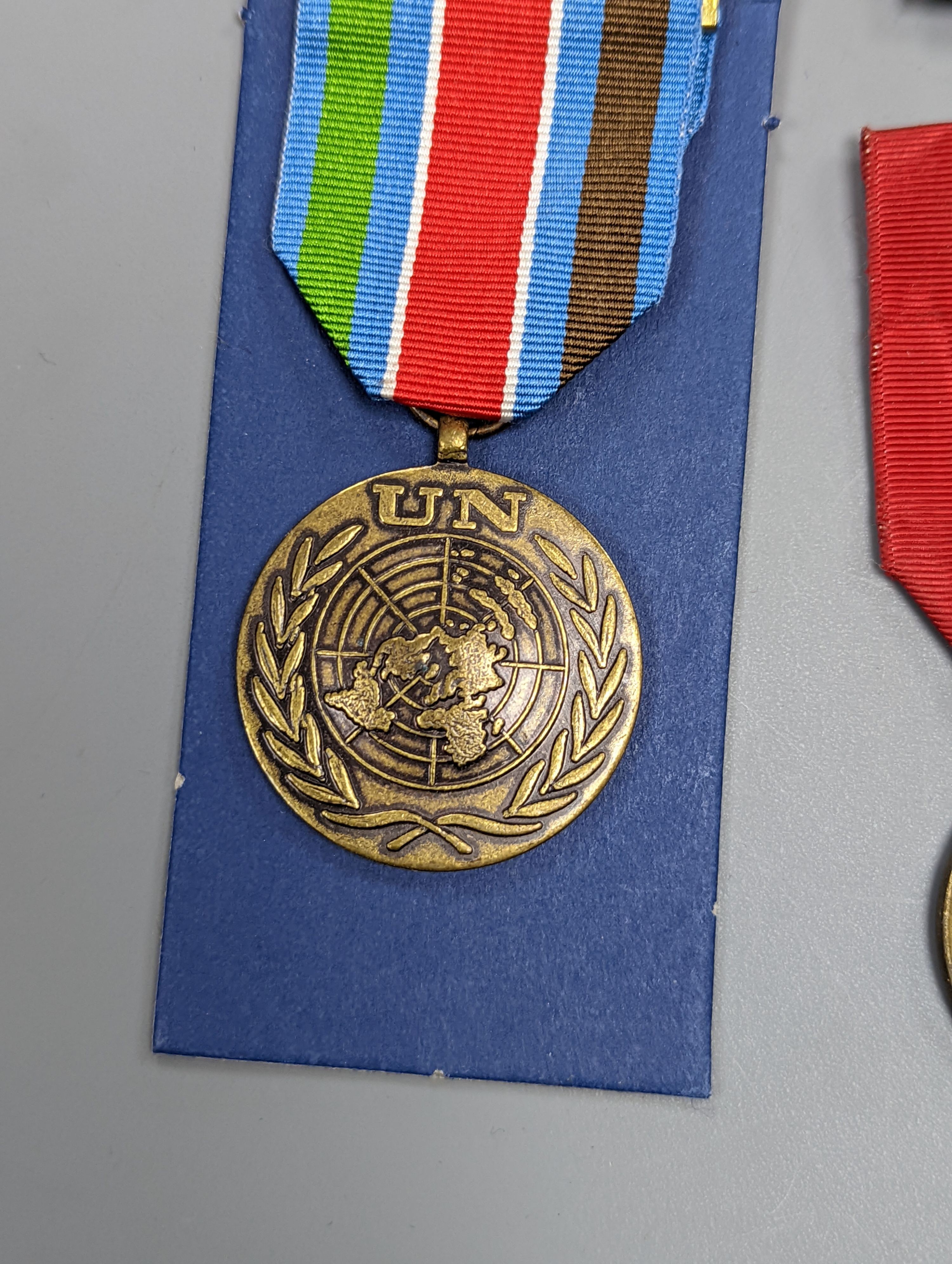 A George VI Territorial For Efficient Service medal, ARP, On War Service, Women’s Land Army badges, UN medal and other badges and medals and a quantity of reference books